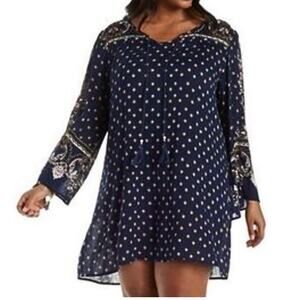 Angie Navy Blue & Beige Lightweight Boho Tunic Mini Dress Bell Sleeves Sz L